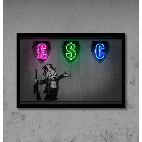 cuadro art con vinilo impreso de Monopoly y neon led flex
